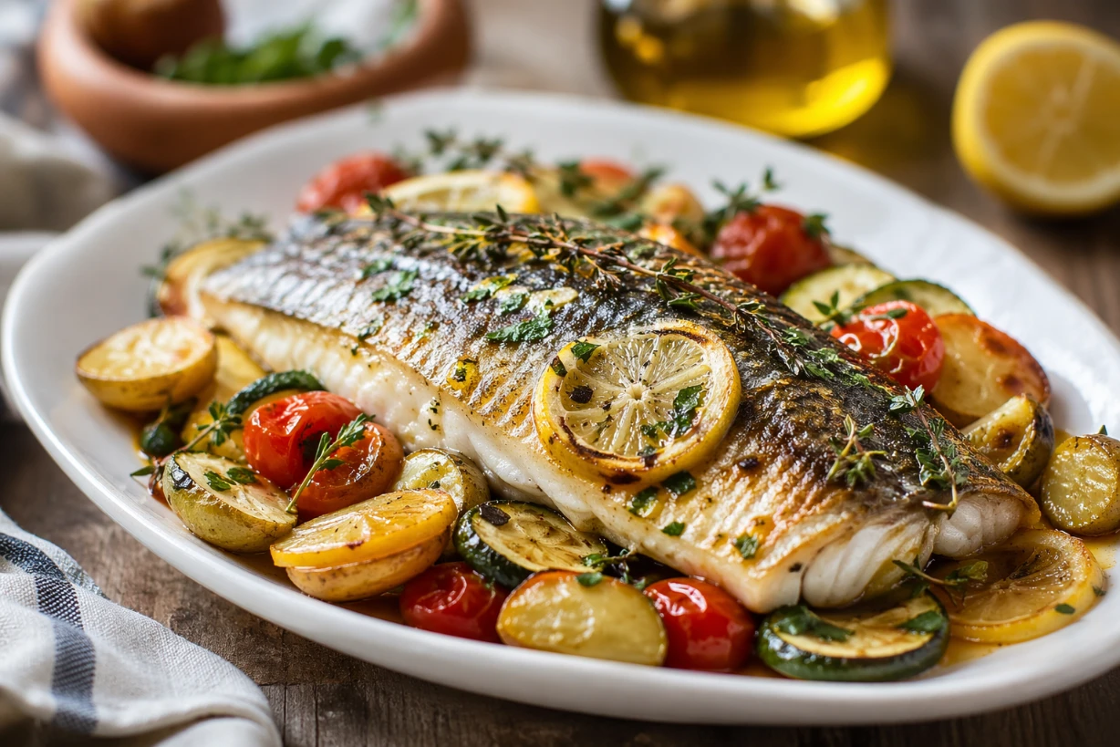 Filet de loup de mer doré au four, servi avec légumes rôtis, citron et herbes fraîches.