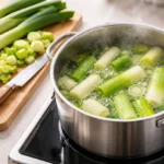 Poireaux frais cuisant dans une casserole d’eau bouillante avec vapeur et planche en bois.