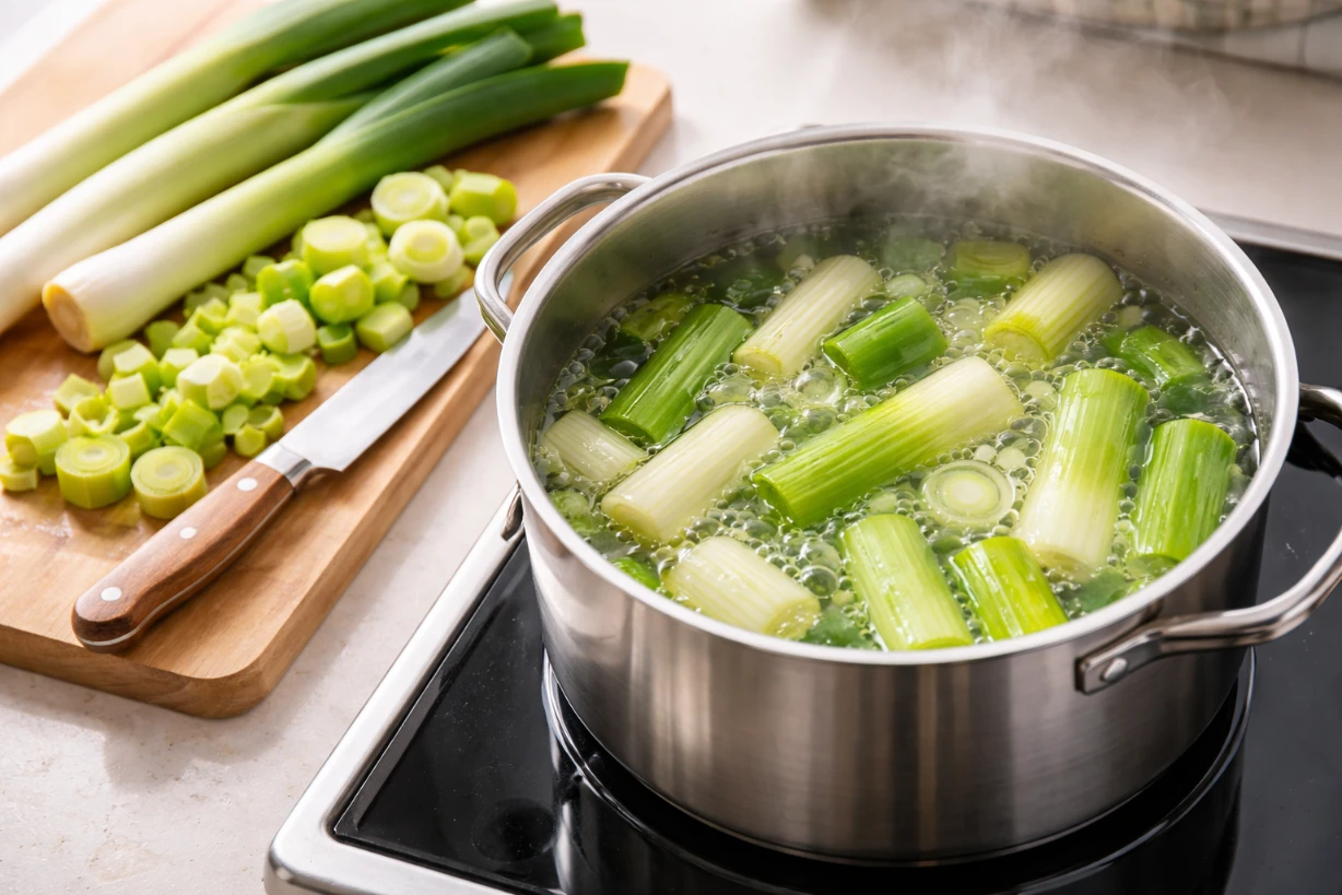 Poireaux frais cuisant dans une casserole d’eau bouillante avec vapeur et planche en bois.