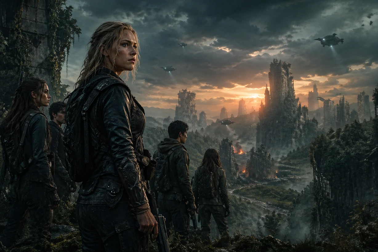 Groupe de survivants face à une ville en ruine, ambiance sombre et futuriste menaçante.