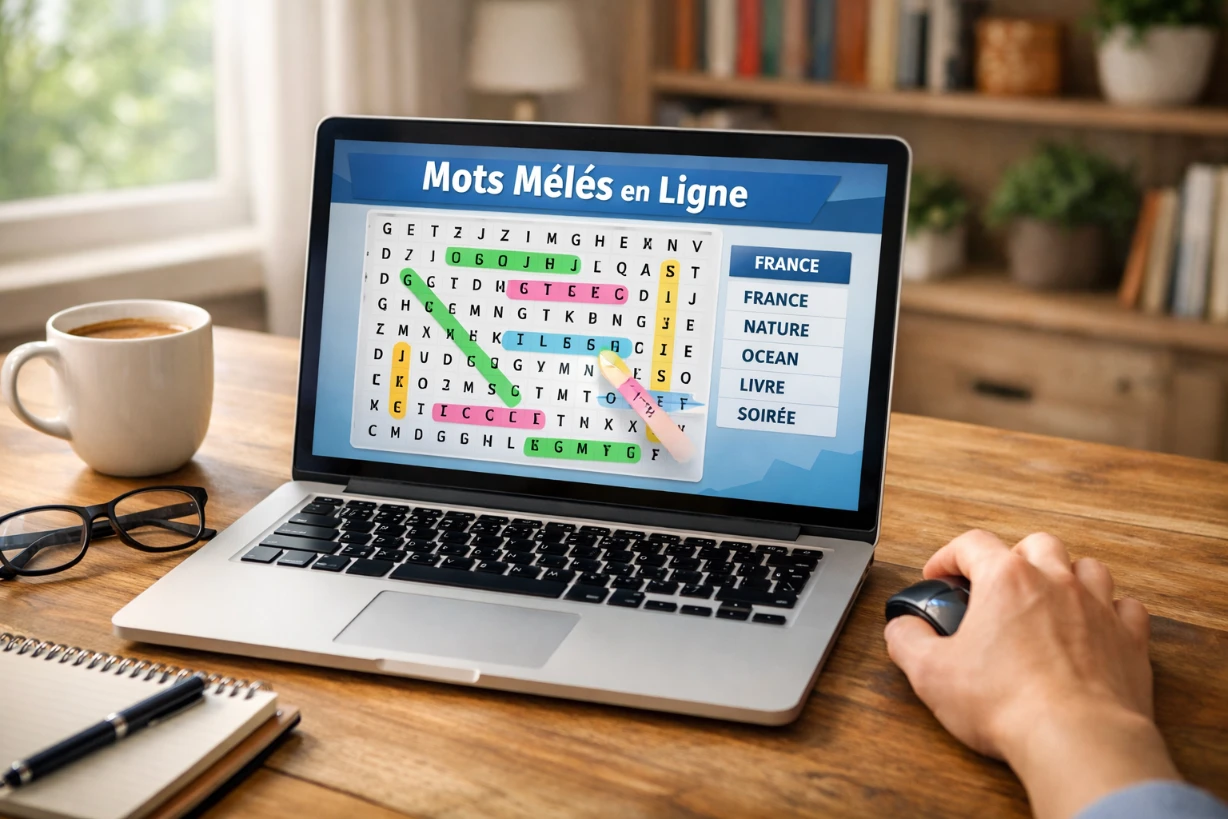 Personne résout des mots mêlés en ligne sur ordinateur portable dans un bureau chaleureux avec café.