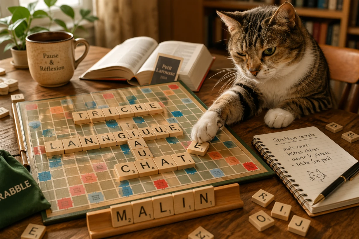 Chat curieux touche des lettres de Scrabble sur table, ambiance chaleureuse et malicieuse.