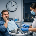 Patient souffrant en cabinet dentaire de nuit, dentiste prépare des soins urgents, ambiance rassurante.
