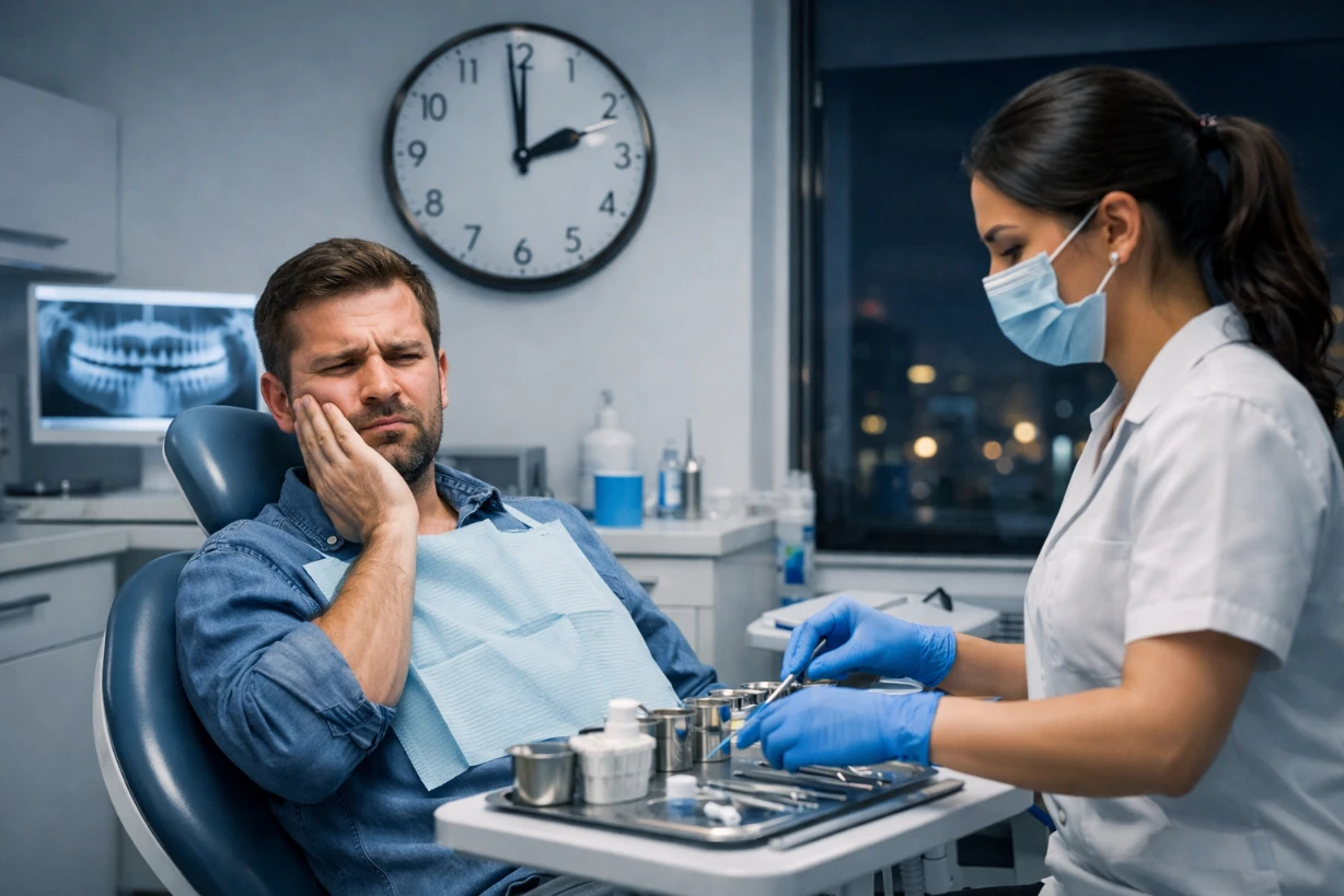 Patient souffrant en cabinet dentaire de nuit, dentiste prépare des soins urgents, ambiance rassurante.
