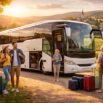 Groupe de voyageurs détendus près d’un bus en campagne au coucher du soleil, départ week-end organisé.