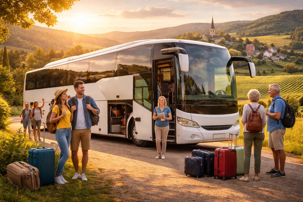 Groupe de voyageurs détendus près d’un bus en campagne au coucher du soleil, départ week-end organisé.