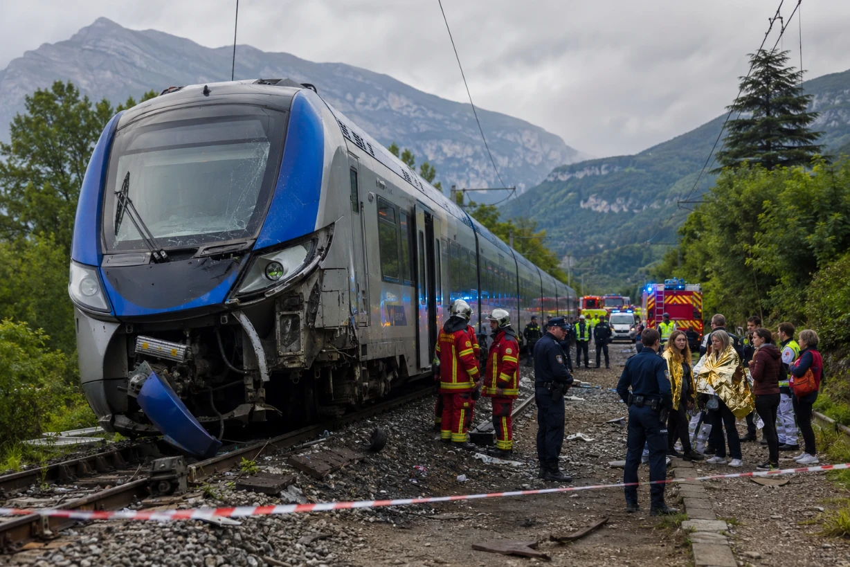 Train régional immobilisé près de Voiron, entouré des secours après un accident ferroviaire majeur.