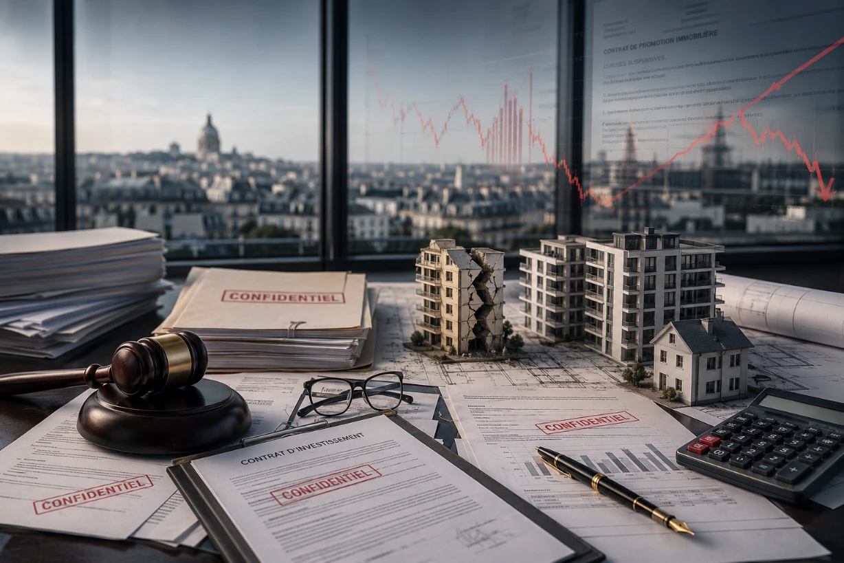 Documents confidentiels et maquettes immobilières illustrant un scandale immobilier français.