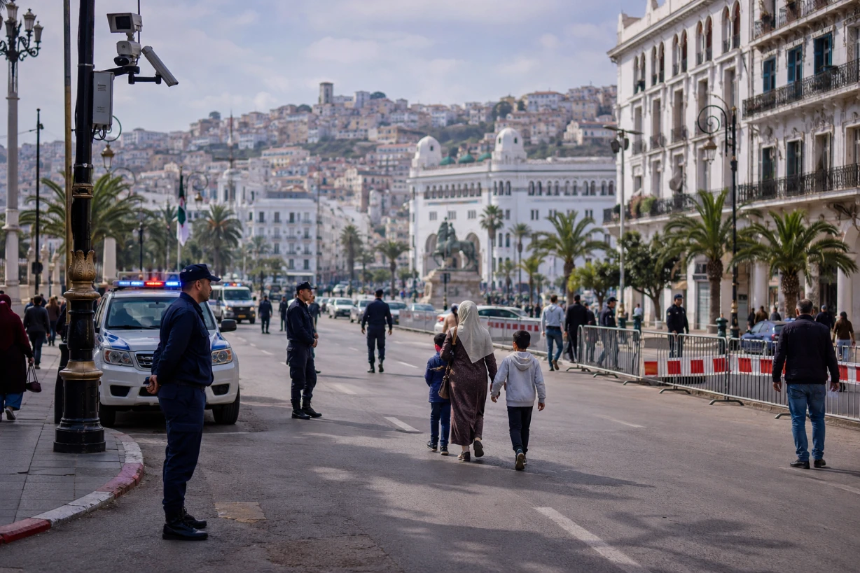 Policiers véhicules sécurisent un boulevard d’Alger tandis que les habitants poursuivent leur vie.