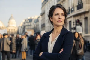 Portrait d’une femme engagée dans une rue française, ambiance éditoriale et citoyenne chaleureuse.