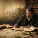 Historien de l’économie étudiant des archives anciennes dans une bibliothèque aux rayonnages anciens.
