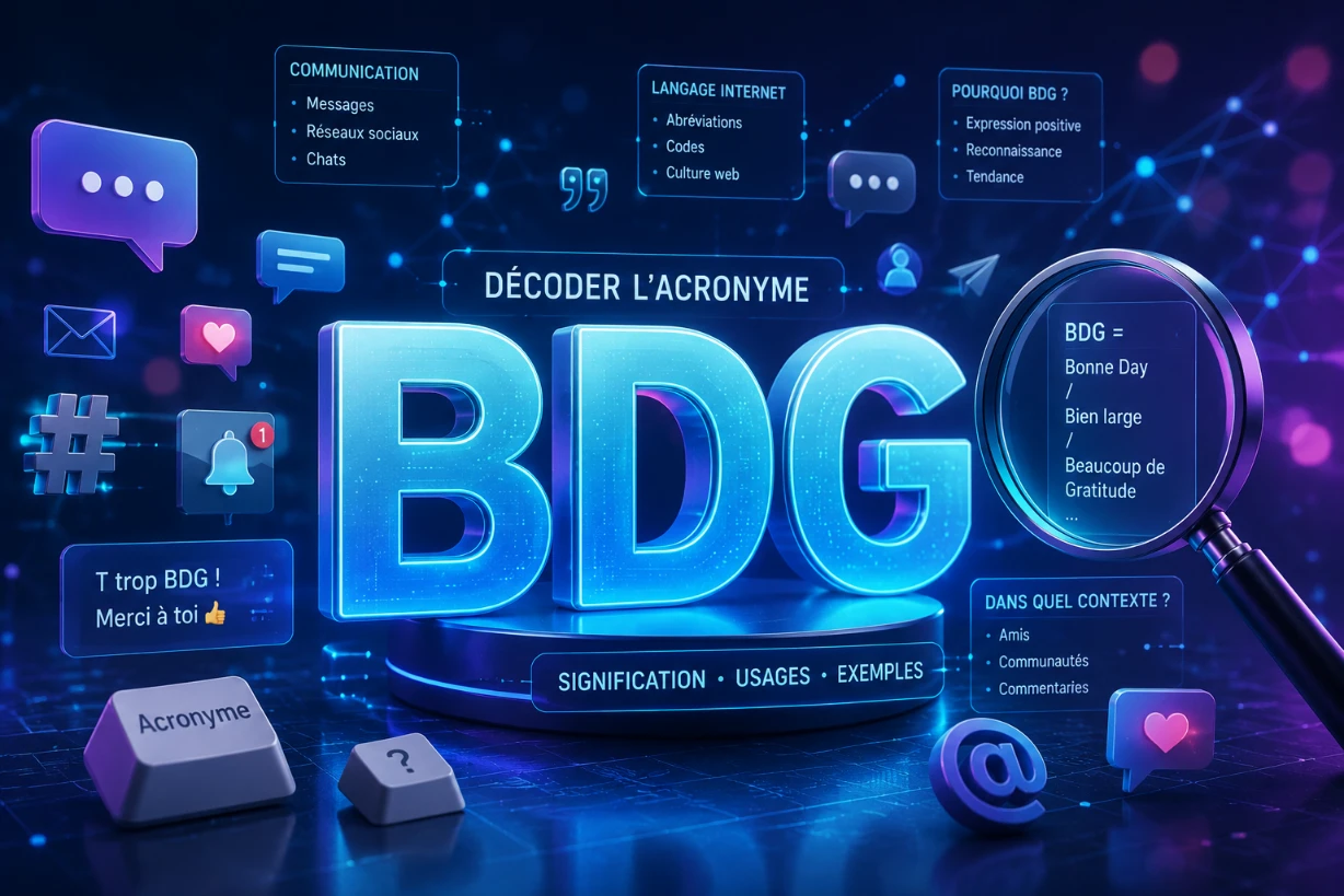 Illustration numérique de l’acronyme BDG entouré d’icônes de messagerie et d’éléments web.