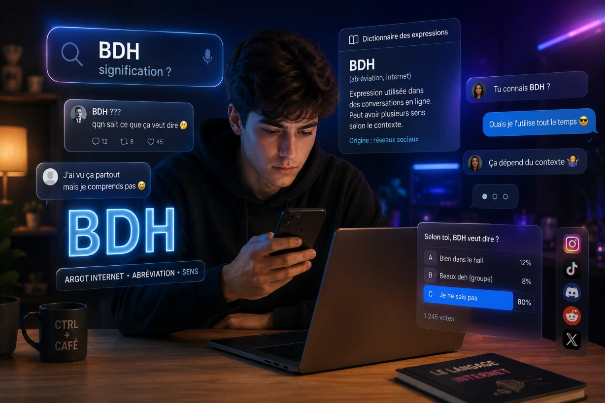 Jeune homme recherchant la signification de BDH sur smartphone dans un univers numérique moderne.