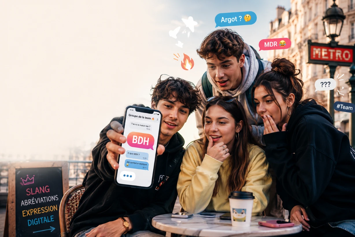 Jeunes regardant un smartphone affichant “BDH” dans une scène urbaine tendance à Paris.