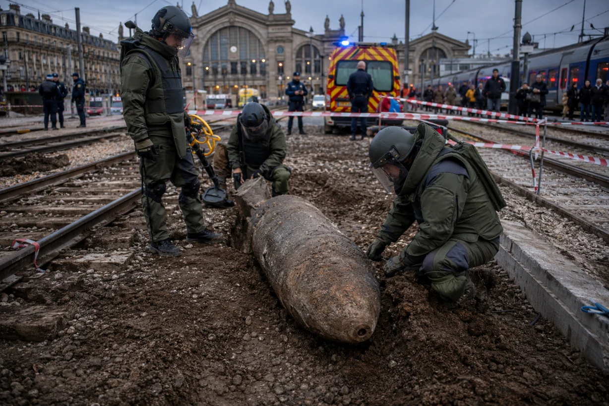 Bombes de la Seconde Guerre mondiale en cours de déminage près de la gare du Nord à Paris sécuriséOK.