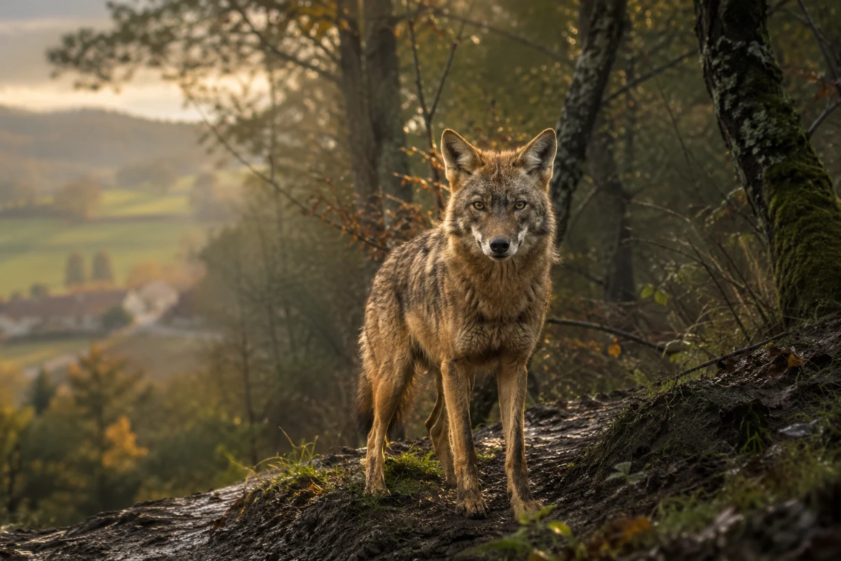 Chacal doré dans une forêt française brumeuse observant un sentier au crépuscule naturel en France réel .