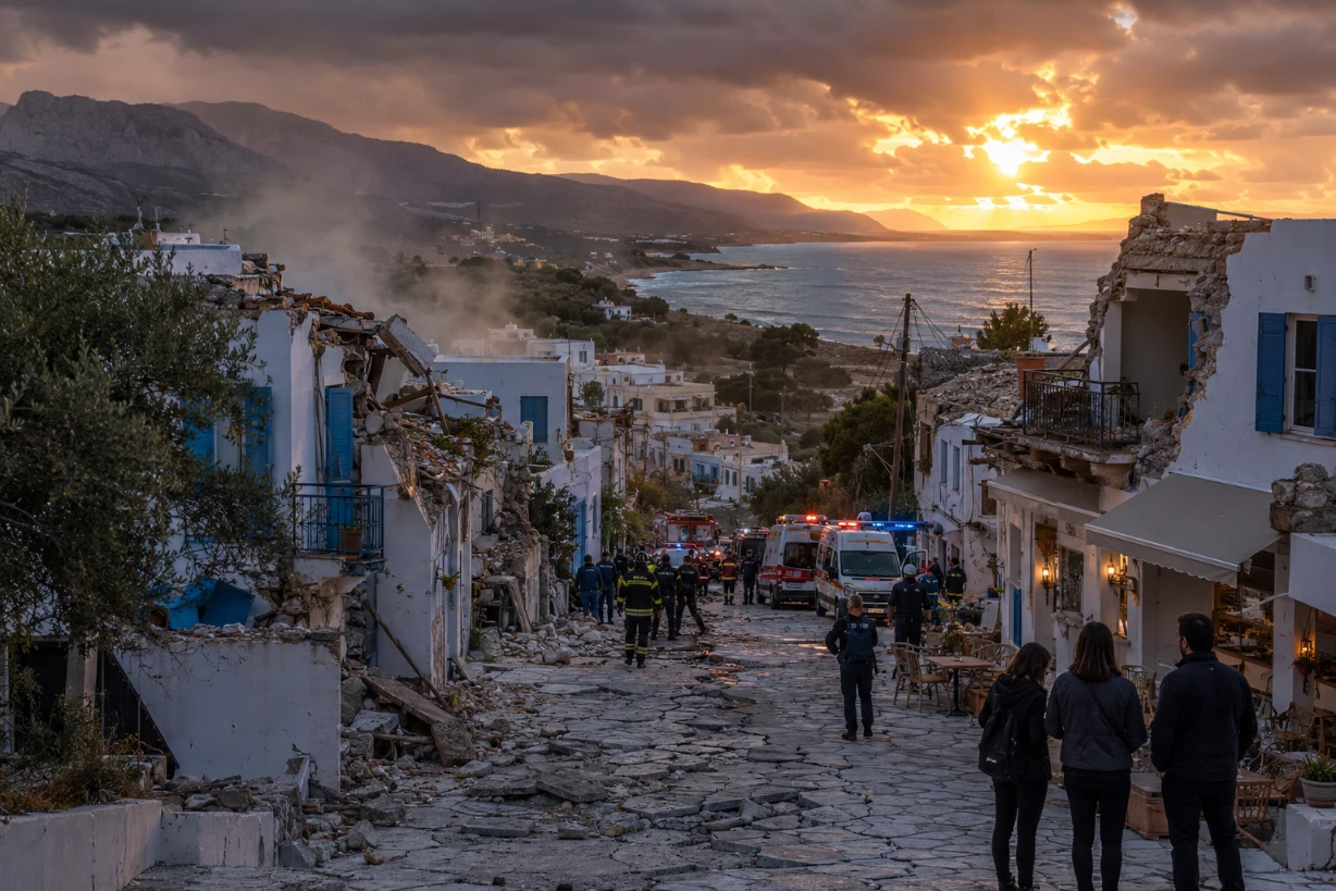 Secouristes dans une rue détruite en Crète après un violent séisme au coucher du soleil.