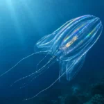 Cténophore translucide aux reflets irisés flottant dans les profondeurs d’un océan bleu limpide.