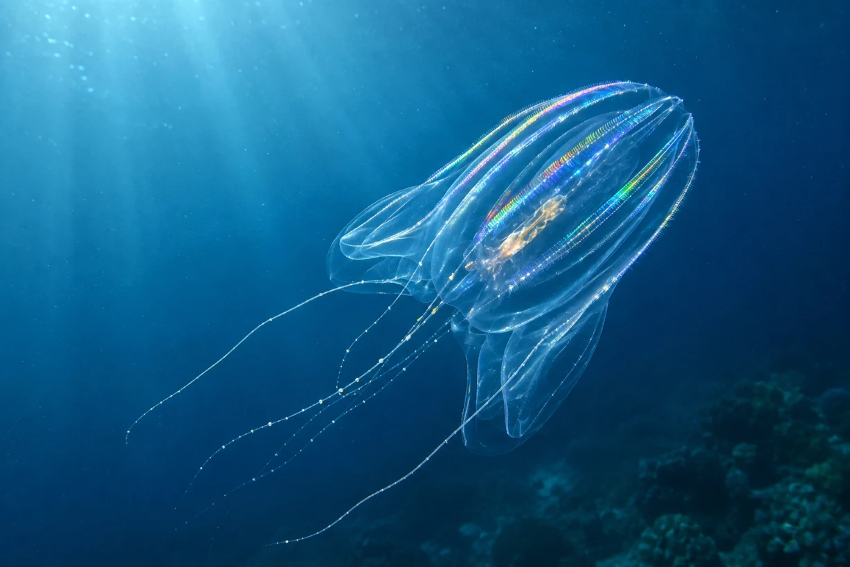 Cténophore translucide aux reflets irisés flottant dans les profondeurs d’un océan bleu limpide.