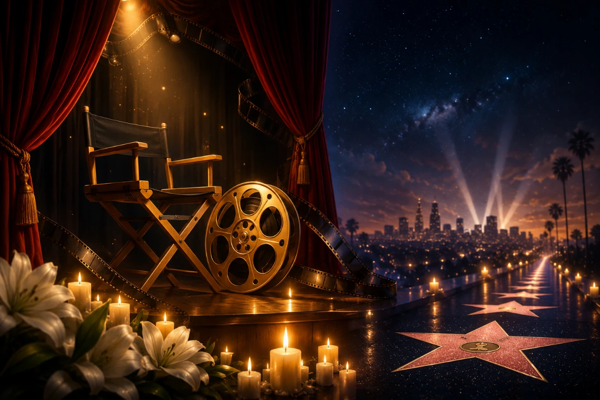 Scène hommage cinématographique avec salle de cinéma, projecteur, fleurs et lumières de mémoiredouce.