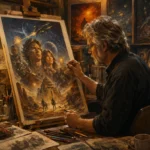 Illustration cinématographique d’un artiste peignant une affiche de film dans un atelier chaleureux.