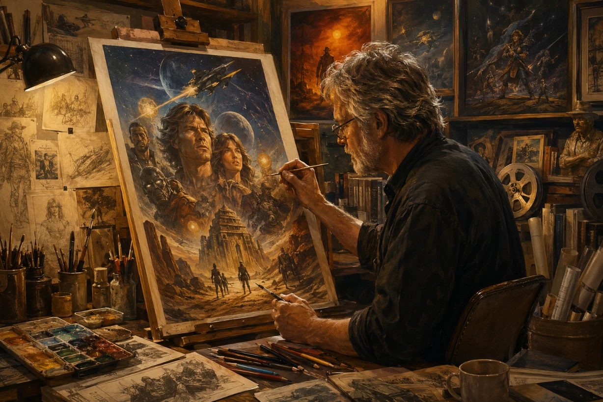 Illustration cinématographique d’un artiste peignant une affiche de film dans un atelier chaleureux.