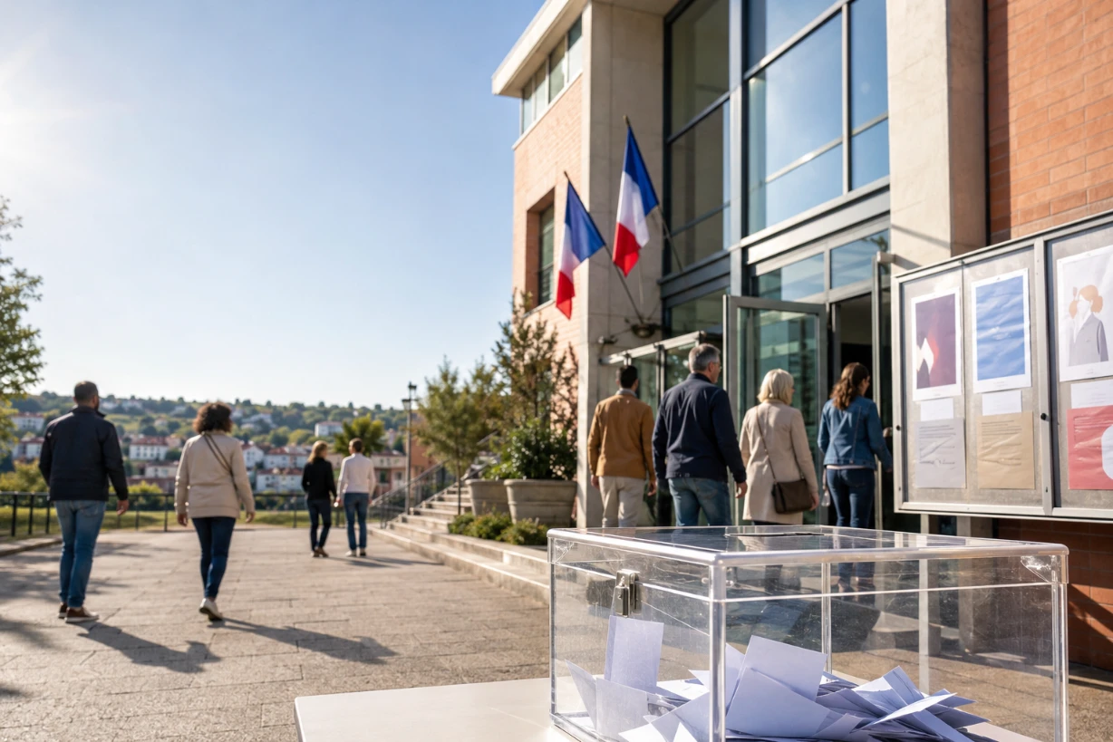 Urne transparente devant un bureau de vote municipal à Villeneuve-Saint-Georges avec des électeurs.