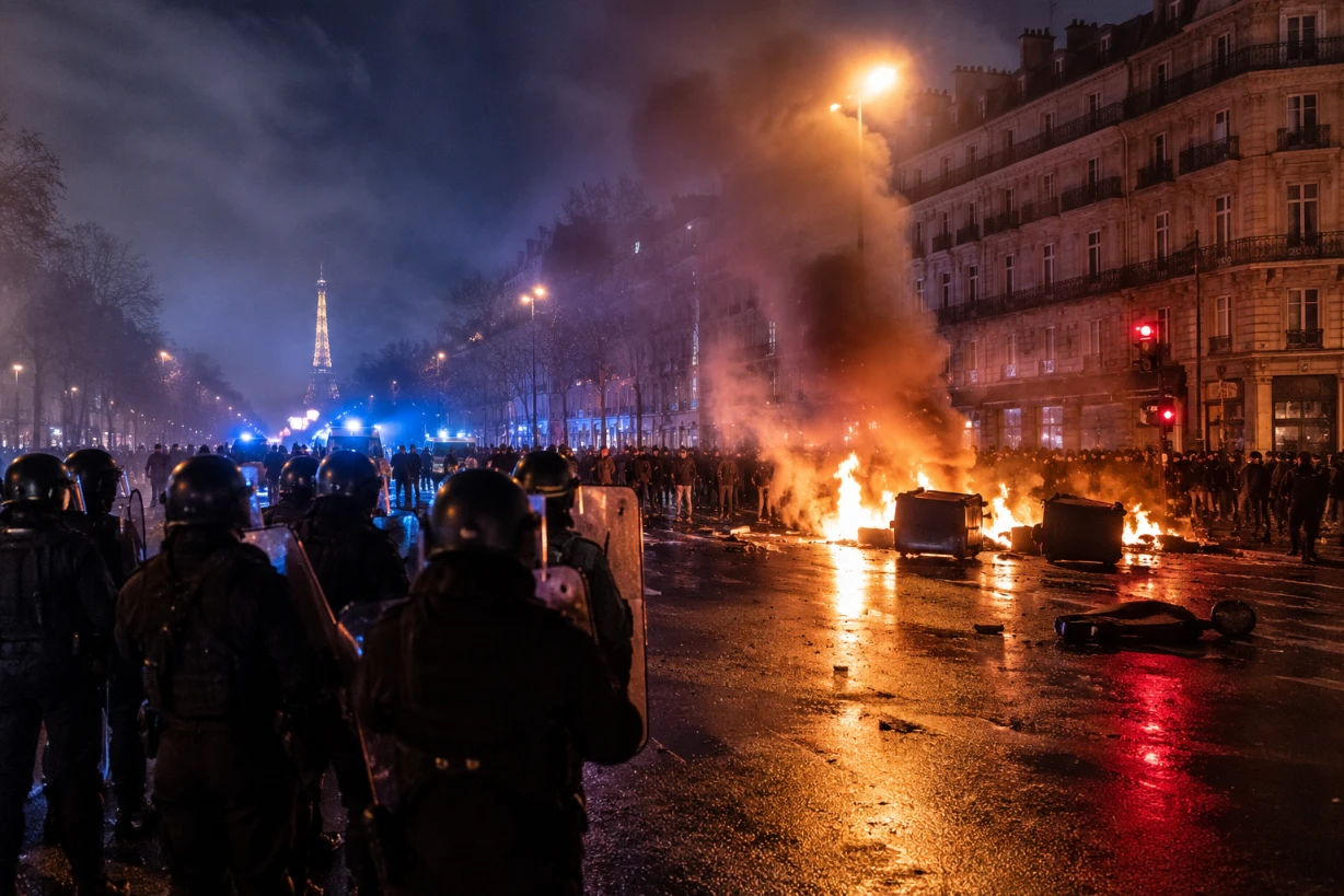 Vue nocturne d’émeutes à Paris avec fumée, barricades en feu et forces de l’ordre en intervention.