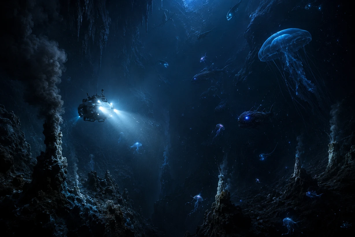 Sous-marin dans la fosse des Mariannes, entouré de créatures abyssales bioluminescentes noires film.