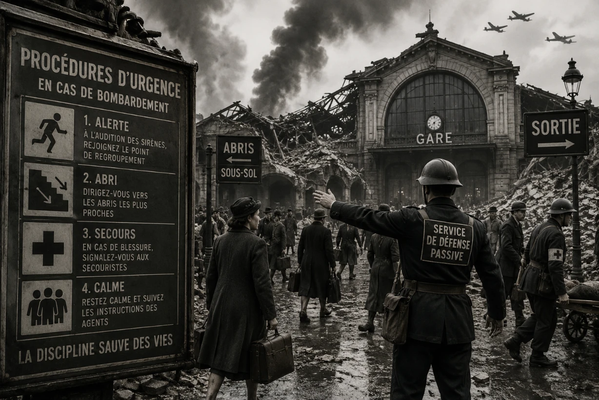 Panneau de procédures d’urgence devant une gare bombardée de la Seconde Guerre mondiale avec évacuation de civils.