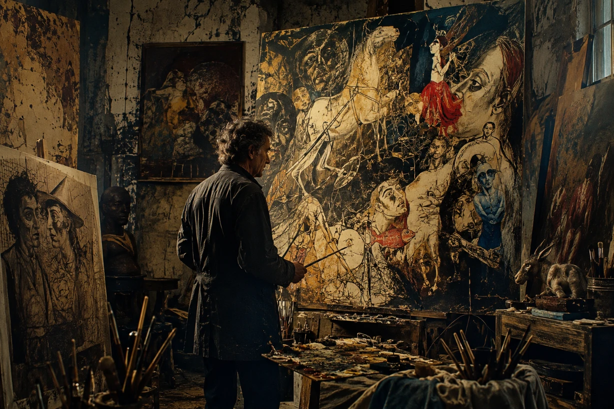 Peintre dans un atelier parisien sombre face à une toile chaotique aux symboles mythologiques.
