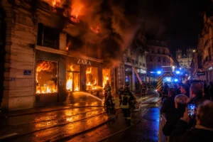 Incendie d’un magasin de mode à Reims, pompiers en action, flammes et fumée nocturne très intense ru.