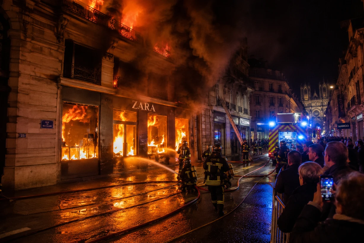 Incendie d’un magasin de mode à Reims, pompiers en action, flammes et fumée nocturne très intense ru.