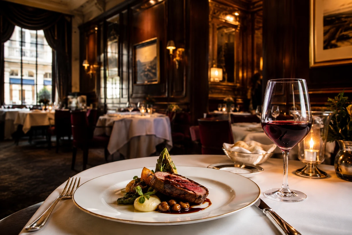 Salle élégante d’un restaurant gastronomique français à Londres avec plat raffiné et ambiance feutrée.