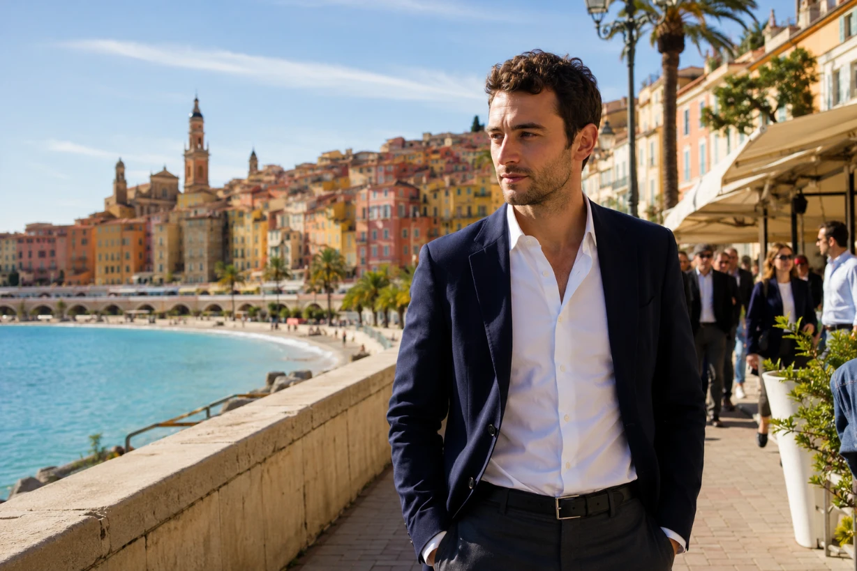 Jeune homme élégant sur la promenade de Menton face à la mer Méditerranée au soleil couchant.