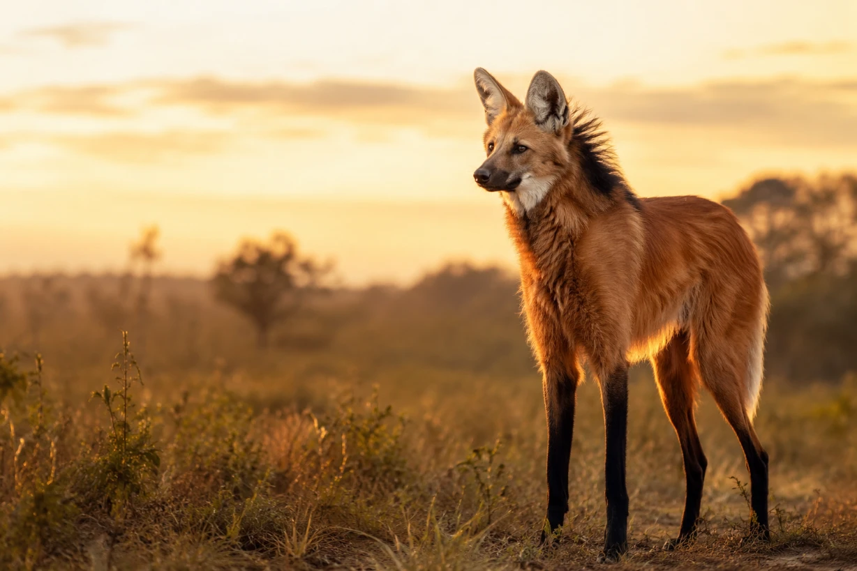 Loup crinière debout dans la savane sud-américaine au coucher du soleil, silhouette élancée et regard attentif.