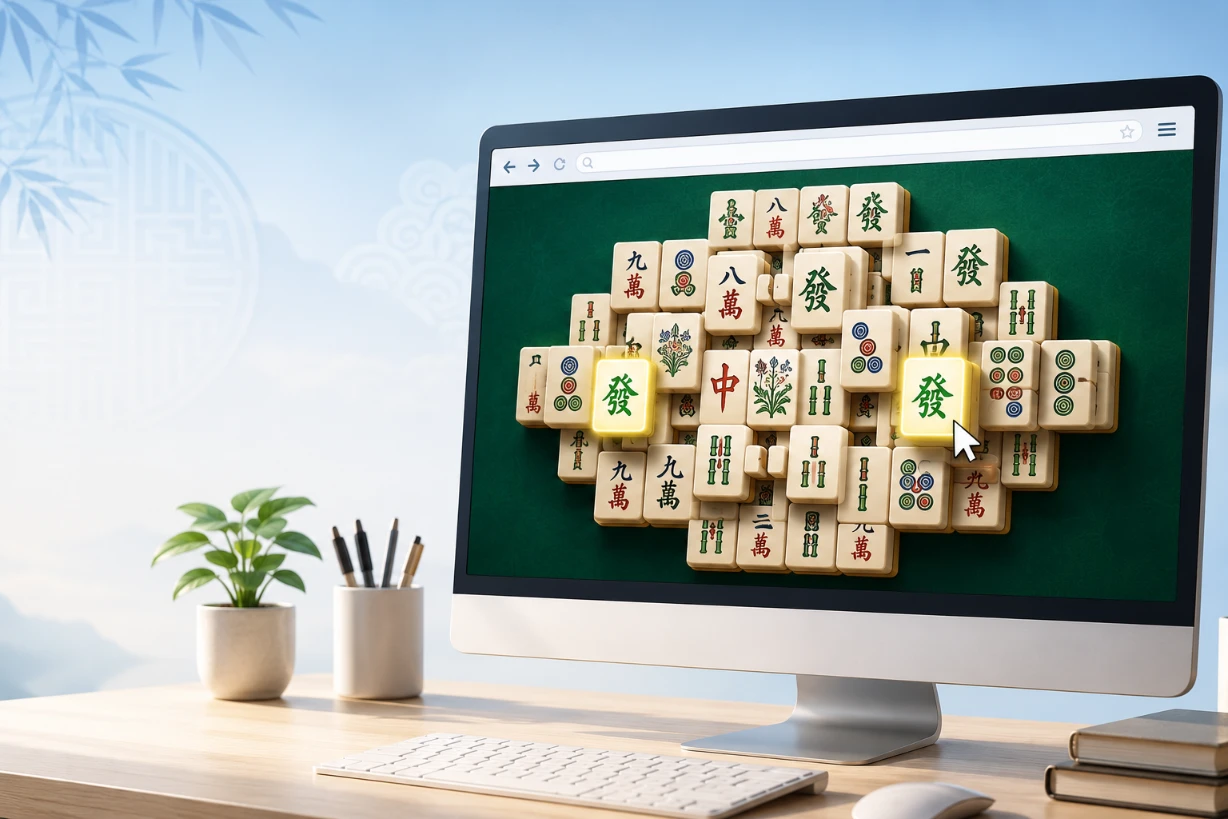 Plateau de Mahjong Solitaire en ligne affiché sur un ordinateur avec tuiles élégantes et interface web.
