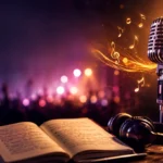 Micro vintage, casque audio et carnet flou sur scène éclairée, évoquant les paroles d’une chanson populaire.