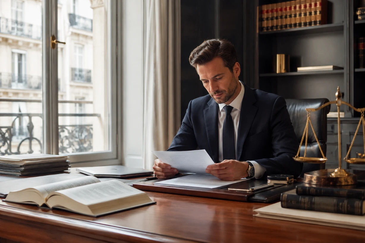 Avocat dans un cabinet moderne à Paris consultant des dossiers juridiques sur un bureau élégant.