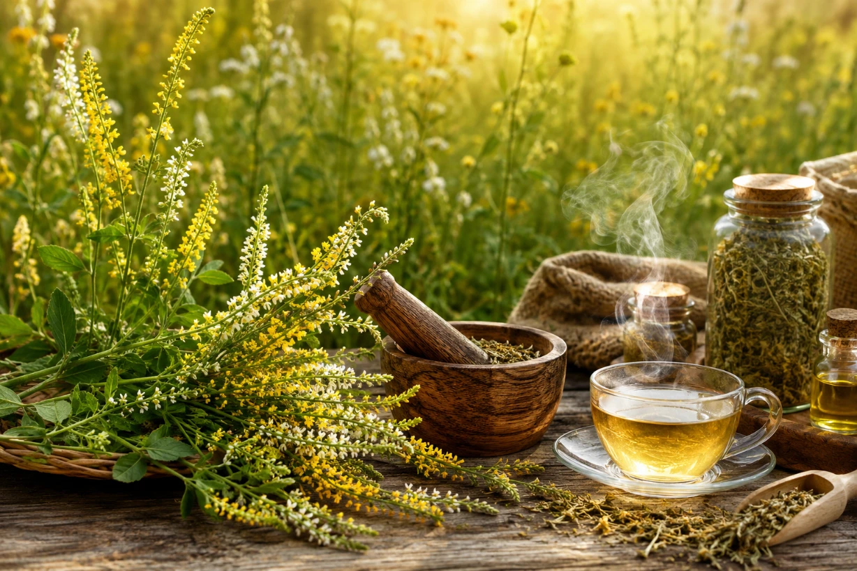 Herbes de mélilot, tisane fumante et fleurs sauvages dans une prairie ensoleillée paisible d’été.