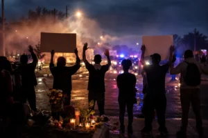 Manifestants silencieux et mémorial aux bougies dans une rue de Ferguson au crépuscule, symbole de justice.