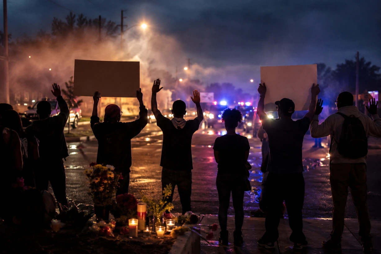 Manifestants silencieux et mémorial aux bougies dans une rue de Ferguson au crépuscule, symbole de justice.