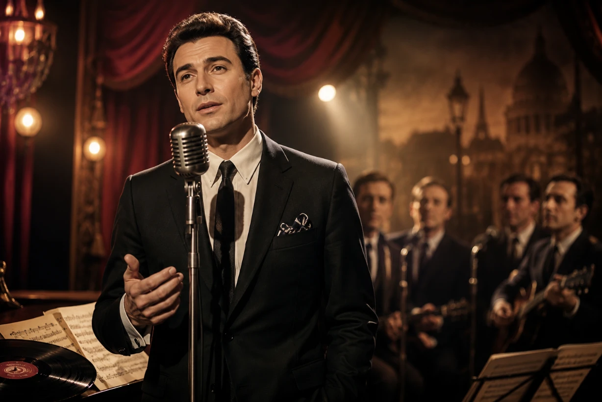 Chanteur français des années 1960 sur scène, ambiance chaleureuse et nostalgique de music-hall parisien.