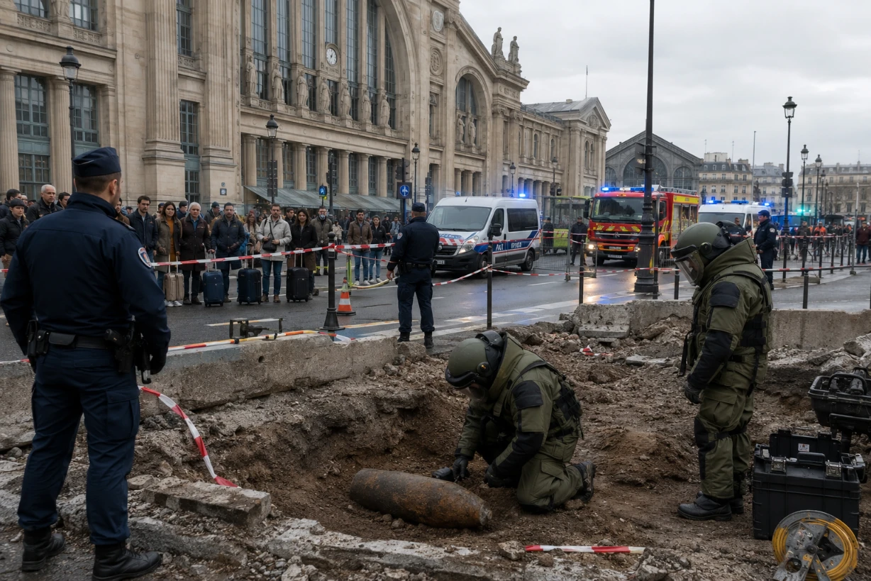 Experts du déminage sécurisent un obus près de Gare du Nord, avec policiers et évacuation. organisée.