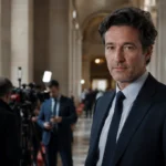 Portrait d’un journaliste politique français en costume sombre dans un décor institutionnel de press.
