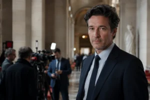 Portrait d’un journaliste politique français en costume sombre dans un décor institutionnel de press.