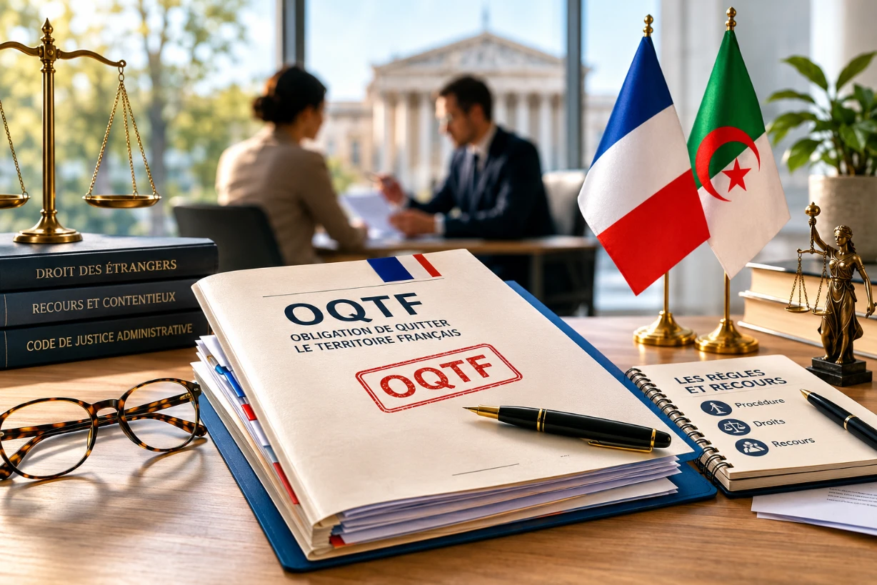 Dossier OQTF sur un bureau juridique avec drapeaux français et algérien, symbole de recours légal...