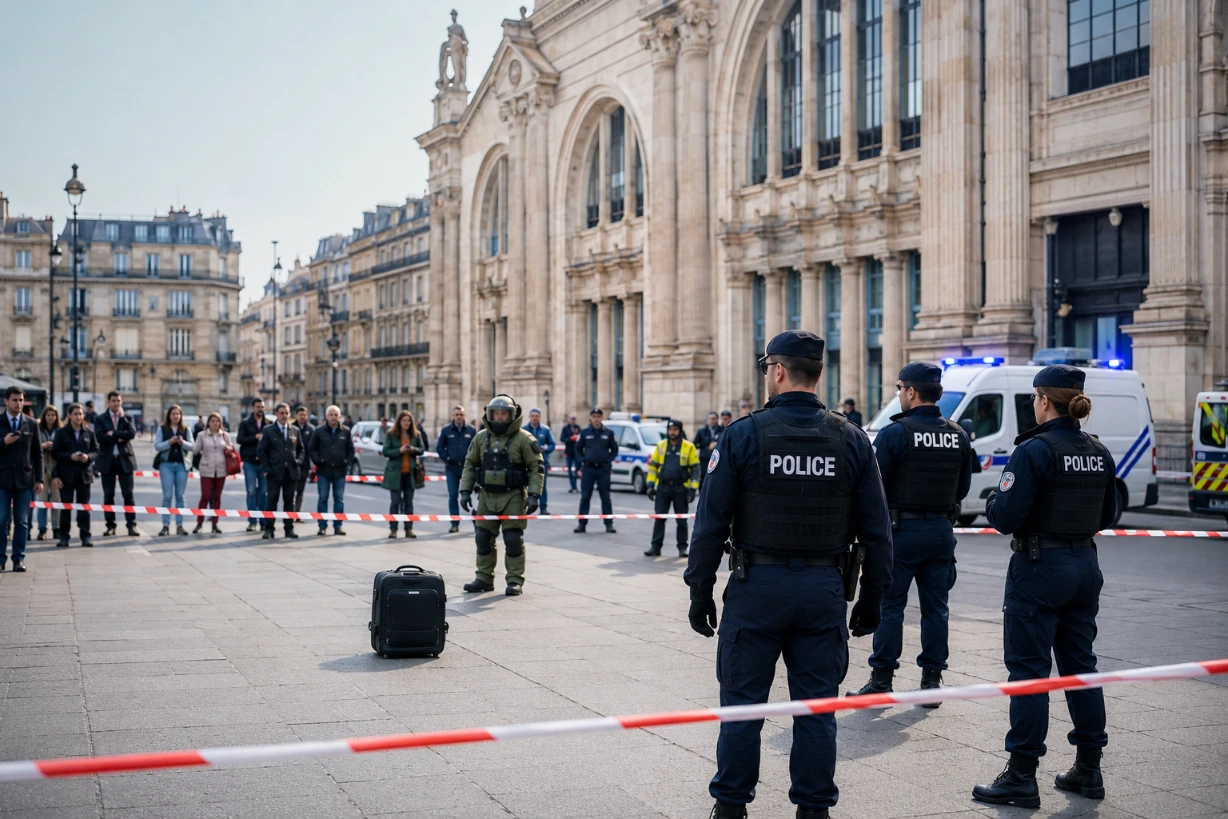 Alerte de sécurité devant la gare du Nord avec police, démineurs et valise suspecte isolée en ville.