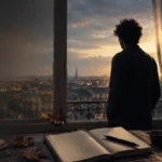 Silhouette près d’une fenêtre pluvieuse au crépuscule, carnet ouvert et lumière douce empreinte de nostalgie.