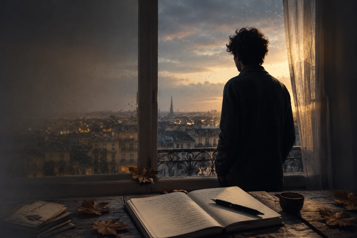 Silhouette près d’une fenêtre pluvieuse au crépuscule, carnet ouvert et lumière douce empreinte de nostalgie.